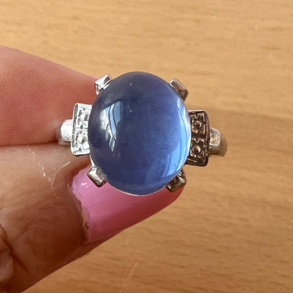 VINTAGE 10K WHITE GOLD SYNTHETIC STAR BLUE SAPPHIRE CATSEYE SPINEL CABOCHON RING - Picture 8 of 16